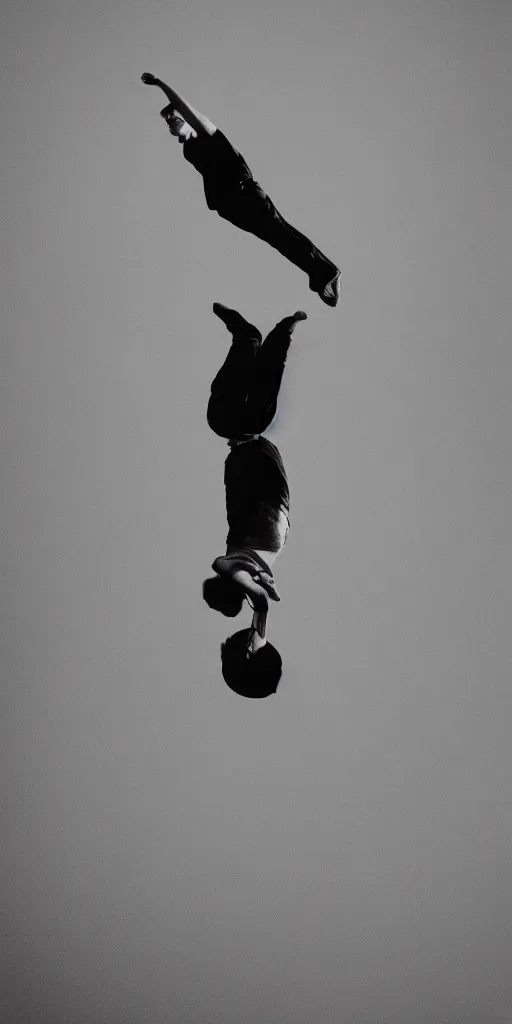 Prompt: a man, floating in the air, graphic black and white, low camera, wide angle, centered composition, golden ratio