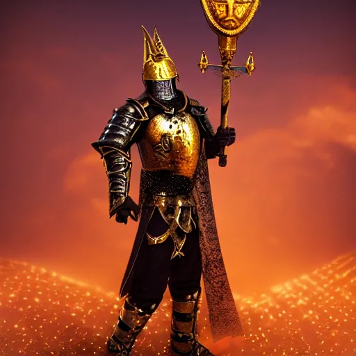 Image similar to a highly detailed knight with glowing purple eyes in a golden helmet and a golden crown with a diamond in the center, golden armor, leather clothes under the armor, leather gloves, holds a black sword, artstation, DeviantArt, professional, octane render, sunset lighting