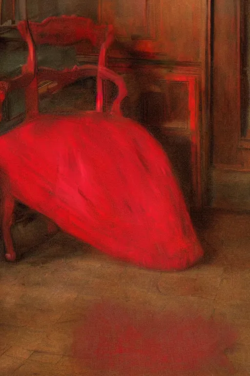 Prompt: an empty red dress laid across a chair in a dark victorian era room. in the style of american impressionism painting.