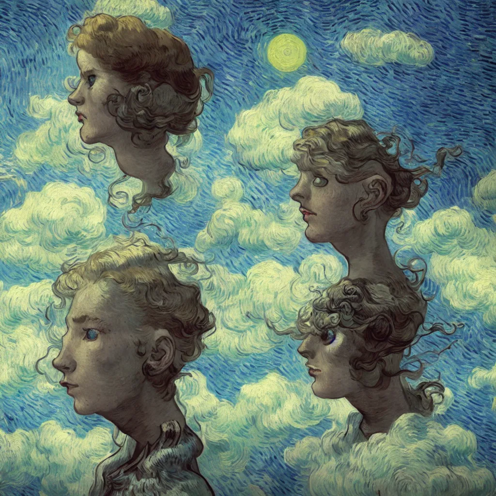 Image similar to a photo of a girl half robot, surrounded by clouds and mist, the sun shines brightly, volume light, cinematic light effect, super realistic, super wide angle, rococo ornament, cinematic, symmetrical, decorative frame, by victo ngai ， vincent van gogh, leon francois comerre, craig mullins, mucha, klimt, artstation