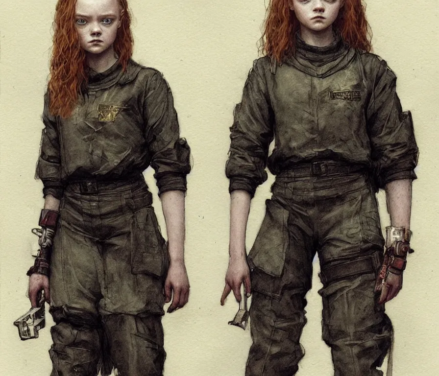 Image similar to sadie sink dressed in oversized school uniform : costume concept for a scifi cyberpunk film. by greg rutkowski, greg staples, elsa beskow, gustave courbet, rosa bonheur. sharp focus, cinematic atmosphere, detailed and intricate, perfect anatomy