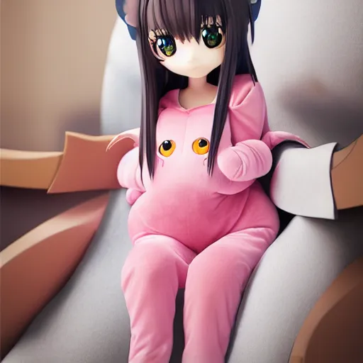 Image similar to cute fumo plush of a girl in a onesie, anime girl, vray