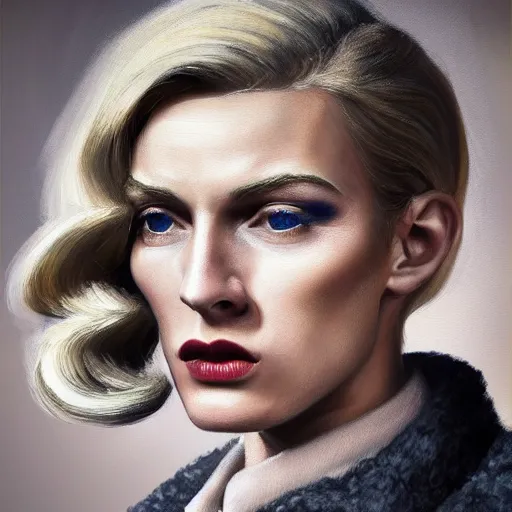 Image similar to A Hearts of Iron IV portrait of a blonde German actor with high cheekbones. Good bone structure. Dressed in 1940s style. Highly detailed, fine Art, high detail, great lighting, 8k resolution, masterpiece, concept art, illustration, clear eyes, painting oil on canvas, octane render, HDR, trending on artstation, 4k, 8k, HD