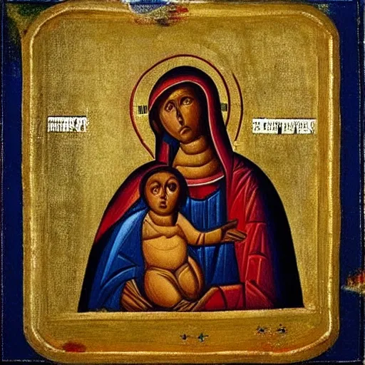 Image similar to “The Virgin Mary kicking Baby jesus like a football Orthodox Iconography”