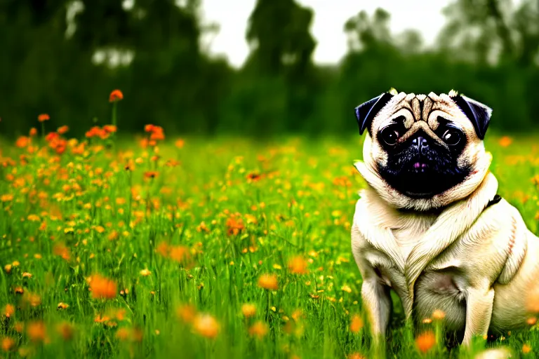 Image similar to a happy pug, single subject, peaceful flower meadow with some trees in the background, scenic full shot, ambient lighting, detailed face, by hr giger