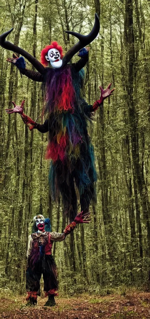 Image similar to a clown with big horns in the forest, darkness, creepy