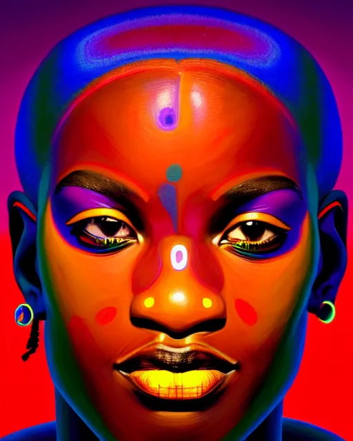 Prompt: a breathtaking vibrant colorful head and shoulders portrait of the face of a strong tribal african, immersive digital art experiences, glowing lights, magic details, by moebius, edward hopper, james gilleard, and james jean, hd, 8 k, trending on artstation, uhd,