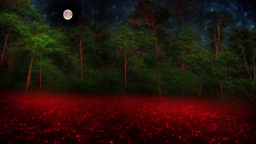 Image similar to 8k ultra realistic night time photography of a mystical cosmic night sky with red smoke and, a perfect big full moon!!!, A glimpse through a small gap in the dark green dense foliage!!!! and overgrowth and the trees!! of the huge full moon over water in a dark sky. wreathed in red smoke!!!, mist, starlight, night-time, volumetric lighting, dark enclosed, cozy, quiet forest night scene, spangled, cosmic