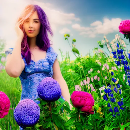 Image similar to a portrait of a romantic woman with flowers grow out of hair, roses peonies forget-me-nots dahlias lupins gladioli, sky theme in background, 35mm Photograph, 4K Resolution, Digital Art, Trending on artstation