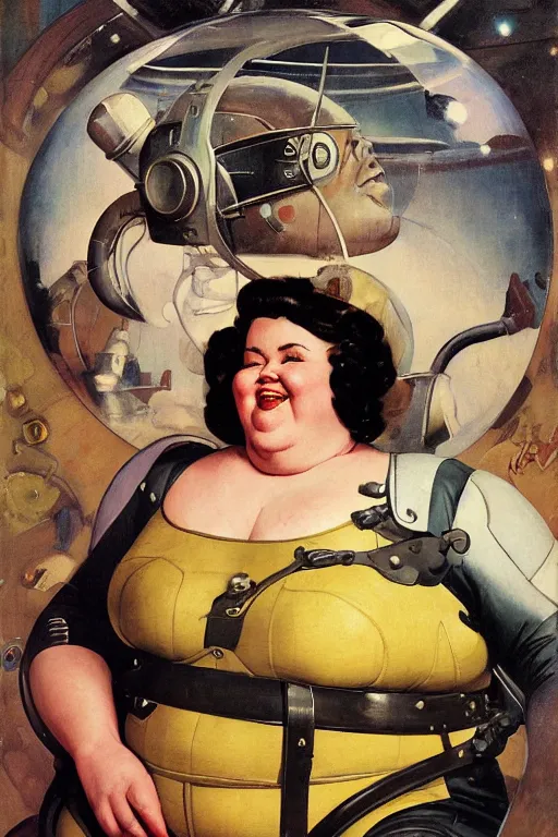 Prompt: 5 0 s pulp scifi fantasy illustration head and upper body portrait cheerful obese woman in leather spacesuit by norman rockwell, roberto ferri, daniel gerhartz, edd cartier, jack kirby, howard v brown, ruan jia, tom lovell, frank r paul, jacob collins, dean cornwell, astounding stories, amazing, fantasy, other worlds