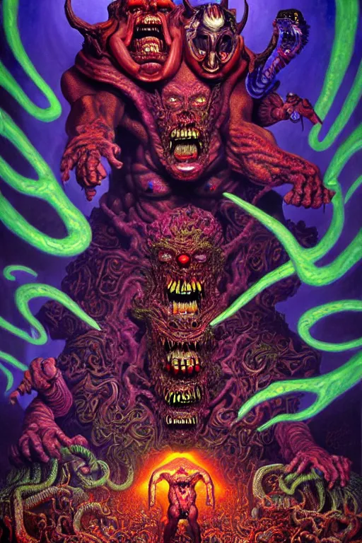 Prompt: a hyperrealistic painting of an epic boss fight against an ornate supreme dark mutant overlord, cinematic horror by chris cunningham, lisa frank, richard corben, highly detailed, vivid color,