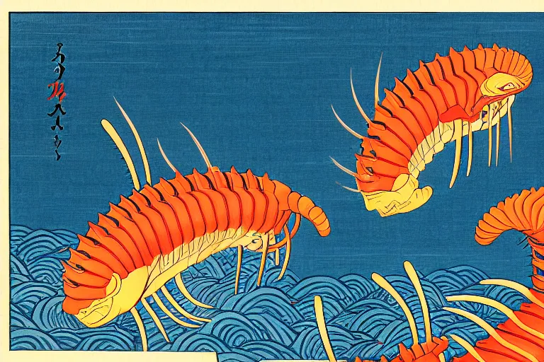 Prompt: ukiyoe painting of cambrian era anomolocarus, trending on artstation