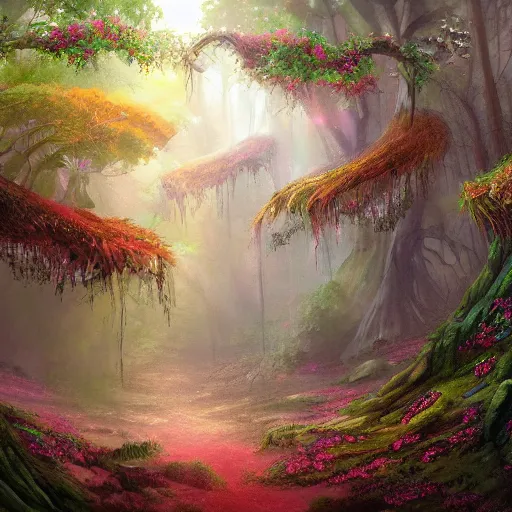 Image similar to A beautiful painting of a fantasy forest, digital art, lots of detail, 4k, ultra HD