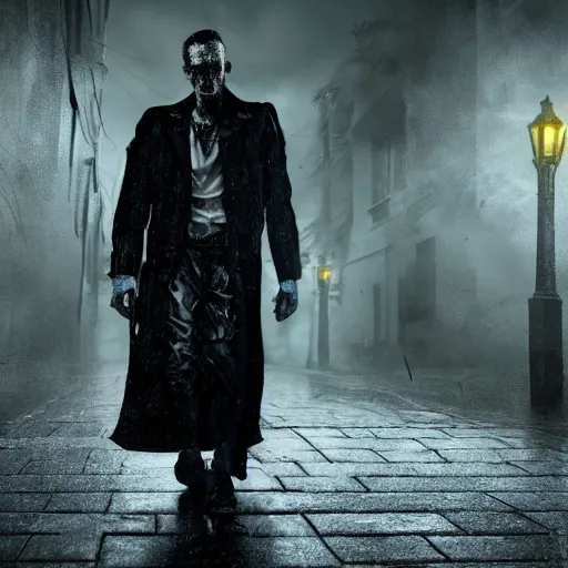 Image similar to frankenstein's monster wearing a trench coat on a wet nighttime street, cyberpunk style, trending on art station, trending on deviantart, 8 k resolution, epic digital art