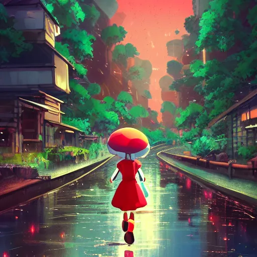 Image similar to beautiful anime girl walking in rainy mushroom village at night, super mario style, red and white spotted mushroom houses, geometric mountains in distance, landscape, anime key visual, digital art, anime screenshot, kyoto animation, makoto shinkai, trending on artstation