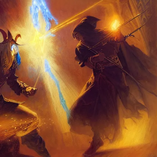 Image similar to stunning male master wizard fighting another wizard who has dark spell, highly detailed painting by gaston bussiere, craig mullins, j. c. leyendecker, 8 k