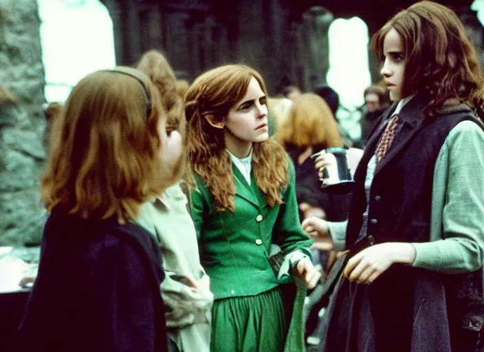 Image similar to photograph. emma watson as hermione granger. behind the scenes. candid shot. harry potter film set. kodak ektachrome. green tint. expired film. extremely detailed.