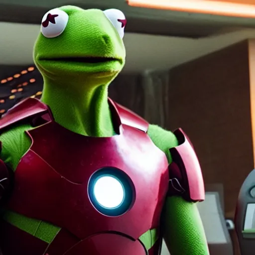 Prompt: photo of Kermit the frog as iron man in averngers movie