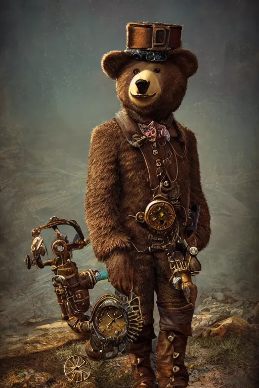 Prompt: anthropomorphic bear as a steampunk cowboy, intricate, elegant, highly detailed, digital painting, artstation, concept art, smooth, sharp focus, contemporary fashion shoot, by edward robert hughes, annie leibovitz and steve mccurry, david lazar, jimmy nelsson, hyperrealistic, octane render