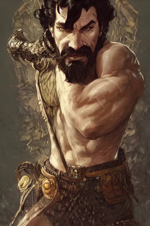 Prompt: kraven the hunter, D&D, fantasy, intricate, highly detailed, digital painting, artstation, concept art, smooth, sharp focus, illustration, art by artgerm and greg rutkowski and alphonse mucha