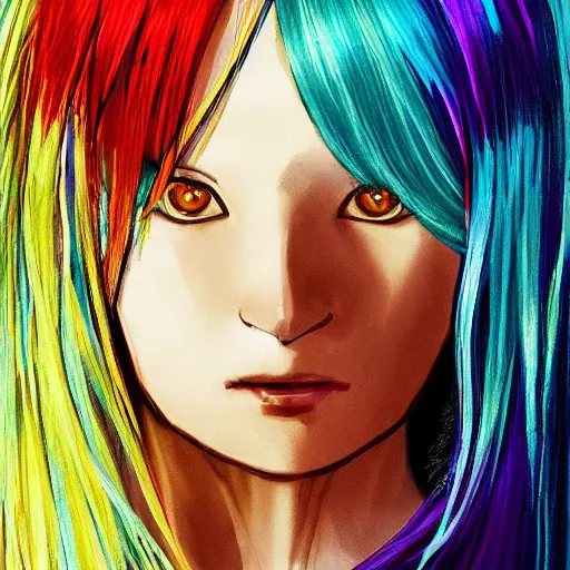 Image similar to profile shot of rimuru tempest, sky blue straight hair, long bangs, gold eyes, smug, wearing a black jacket with white stripes, high collar, ultra detailed, brush strokes, digital painting, cinematic, wlop, closeup, pixiv, color block, eerie, scary, yoshitaka amano, andy warhol, junji ito