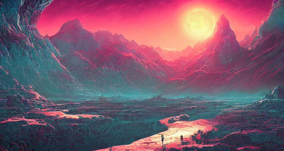 Image similar to a scifi landscape,painting by Dan Mumford,by Tokio Aoyama,trending on artstation,intricate,2d,4k,pastel colors