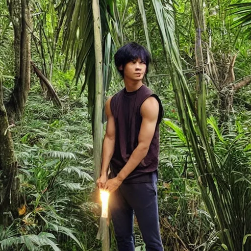 Image similar to head to toe photo, jungle book mowgli who is a 2 0 year old korean with large muscles and with long unkempt and slightly curly hair, holding a torch in one hand and an iphone in the other hand, standing in the jungles of jeju island