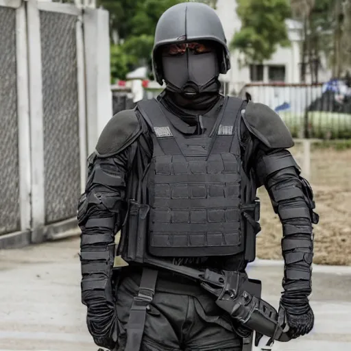 Image similar to A PMC in dark grey uniform with black body armor