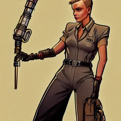 Image similar to character concept art of heroic stoic emotionless butch blond handsome woman engineer with very short slicked - back butch hair, narrow eyes, wearing atompunk jumpsuit, retrofuture, highly detailed, science fiction, illustration, pulp sci fi