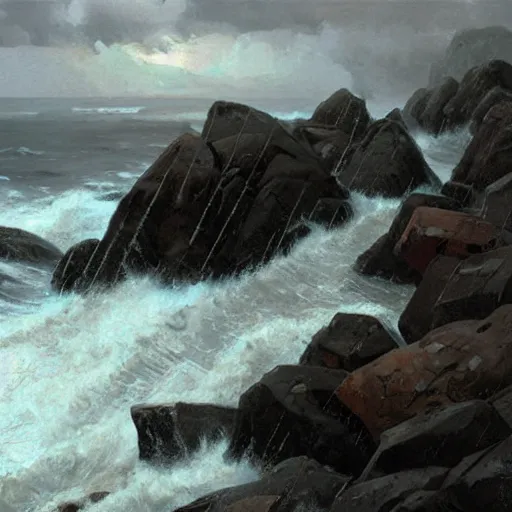 Image similar to rocks being lashed by waves and singing, stormy weather, ocean, painting by greg rutkowski