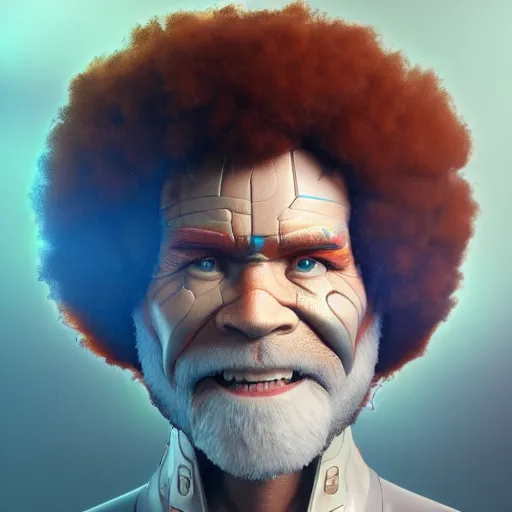 Prompt: bob ross cyborg. multi colored digital eyes, art by artgerm and greg rutkowski and alphonse mucha, concept art, octane render, unreal engine 5, highly detailed, high quality, 8 k, soft lighting, realistic face, path traced