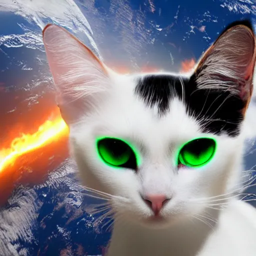 Image similar to white and black cat with green eyes setting planet earth on fire, unreal engine, photorealistic 4 k, nasa image