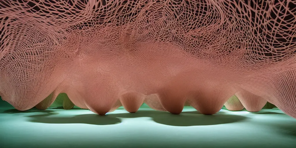 Prompt: biomorphic inflated latex structures by ernesto neto, light - mint with light - pink color, 4 k, insanely quality, highly detailed, film still from the movie directed by denis villeneuve with art direction by zdzisław beksinski, telephoto lens, shallow depth of field