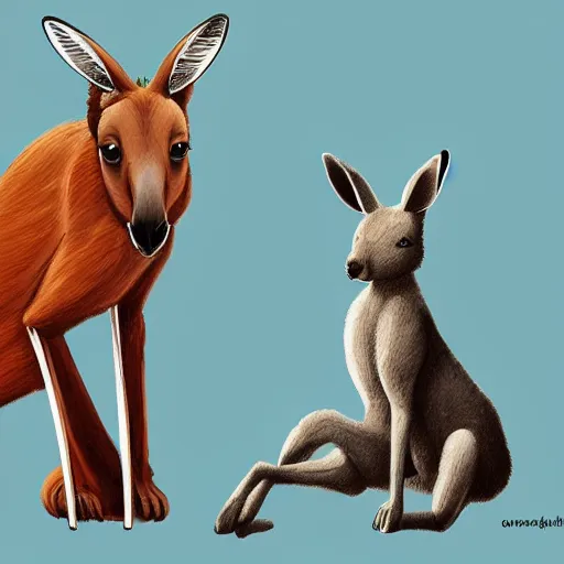 Prompt: a Muscular kangaroo and a Chinese rural dog look at each other, blue sky, garden, highly detailed, digital painting, concept art, sharp focus