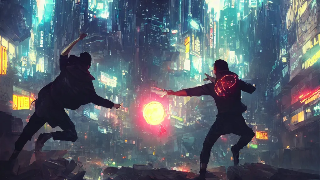 Image similar to angry protester throwing a rock, digital illustration by greg rutkowski, android netrunner, nighttime, cyberpunk city backgrounds, colored lighting