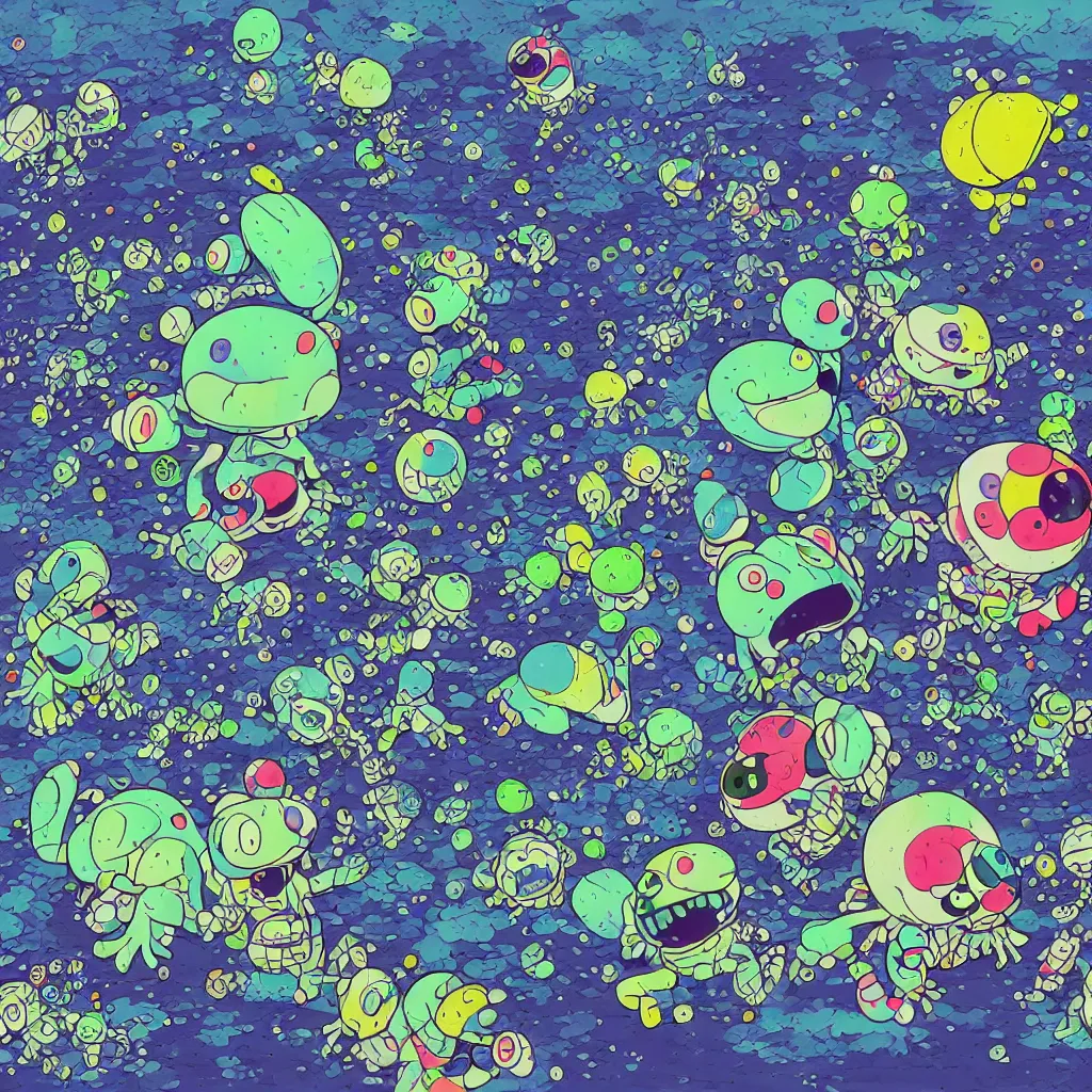 Image similar to indigo toads, frogs, ryuta ueda artwork, breakcore, jet set radio artwork, y 2 k, gloom, space, cel - shaded art style, indigo rainbow, data, minimal, takashi murakami artwork, code, cybernetic, dark, eerie, cyber