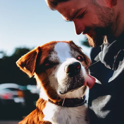 Image similar to [ selfie ]!!! of a man [ caressing a dog ]!!, trending on unsplash, 4 k photorealism, intricately detailed