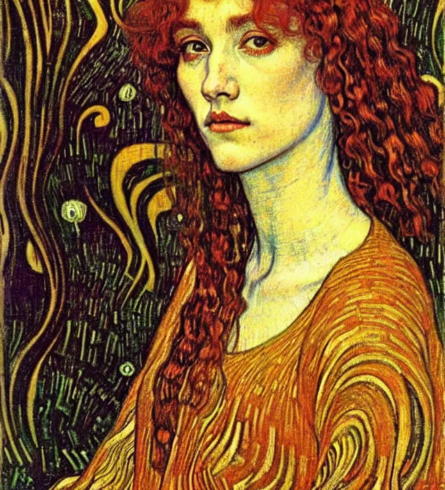 Image similar to detailed realistic beautiful young medieval queen face portrait by jean delville, gustav klimt and vincent van gogh, art nouveau, symbolist, visionary, gothic, pre - raphaelite, muted earthy colors, desaturated