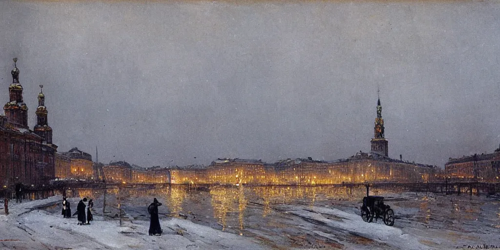 Image similar to Saint Petersburg in 1914 in winter, evening, Rozalski