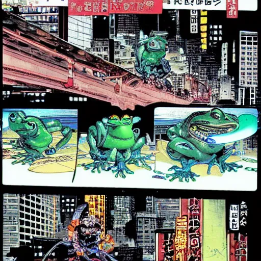 Image similar to huge frog robot devastating the city, by yoichi hatakenaka, masamune shirow