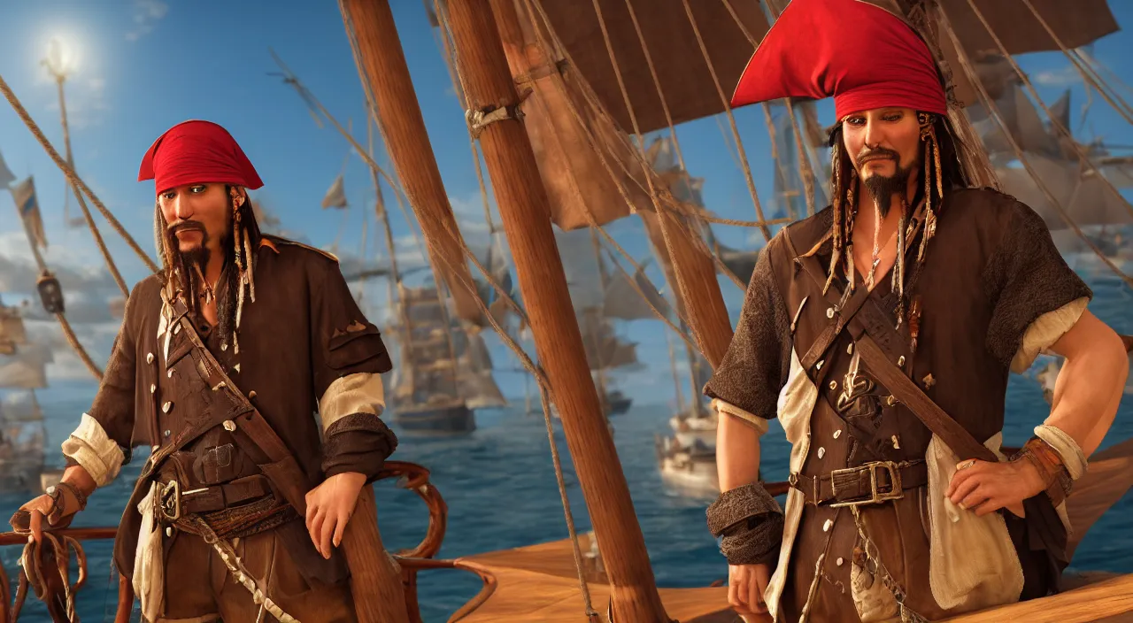 Image similar to a pirate on a boat ready to conquer the island, highly detailed, photorealistic portrait, bright studio setting, studio lighting, crisp quality and light reflections, unreal engine 5 quality render