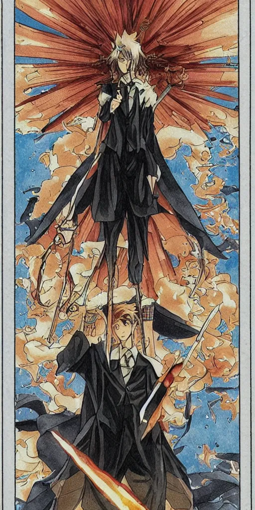 Image similar to powerful anime judge with a magic gavel on fire, in a court room with a justice scale on his desk, drawn by a famous anime artist, high quality, fine lines, amazing detail. colored, intricate ink painting detail the justice tarot card