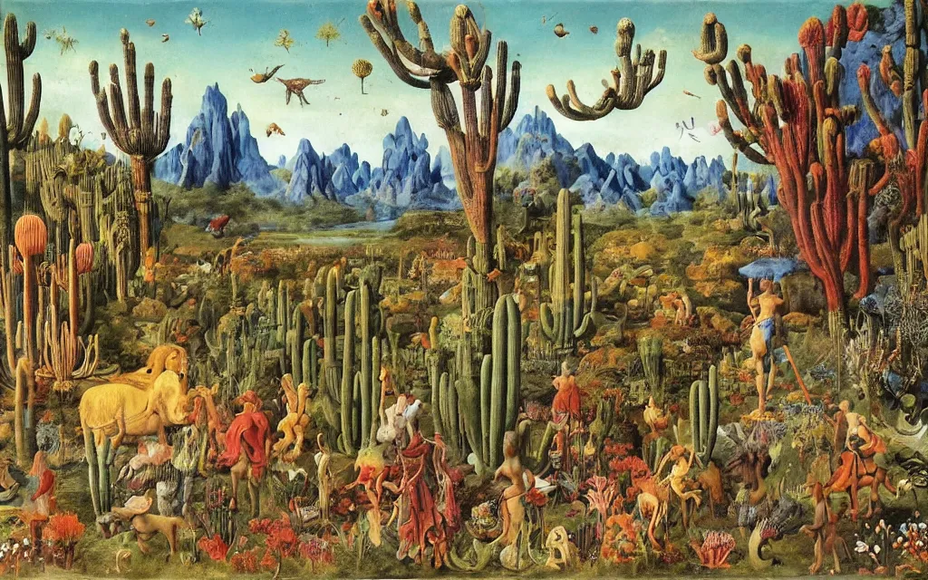 Prompt: landscape with a meditating centaur shaman and a striped werewolf feeding animals. surrounded by bulbous flowers, animals and a few trees and cacti. river delta with cliffs under a blue sky of burning stars. painted by jan van eyck, max ernst, ernst haeckel, ernst fuchs and artgerm, trending on cgsociety, gouache