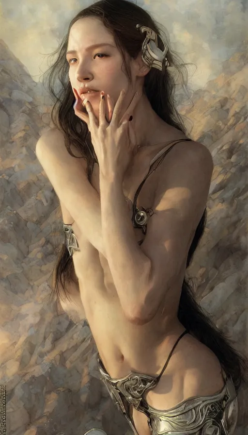 Image similar to epic masterpiece femme fatale, sweaty skin, hyperrealistic, octane render, cinematic, beautiful face and flawless skin, perfect hands, 5 fingers, by Edgar Maxence and Ross Tran and Michael Whelan, Legends of Runeterra