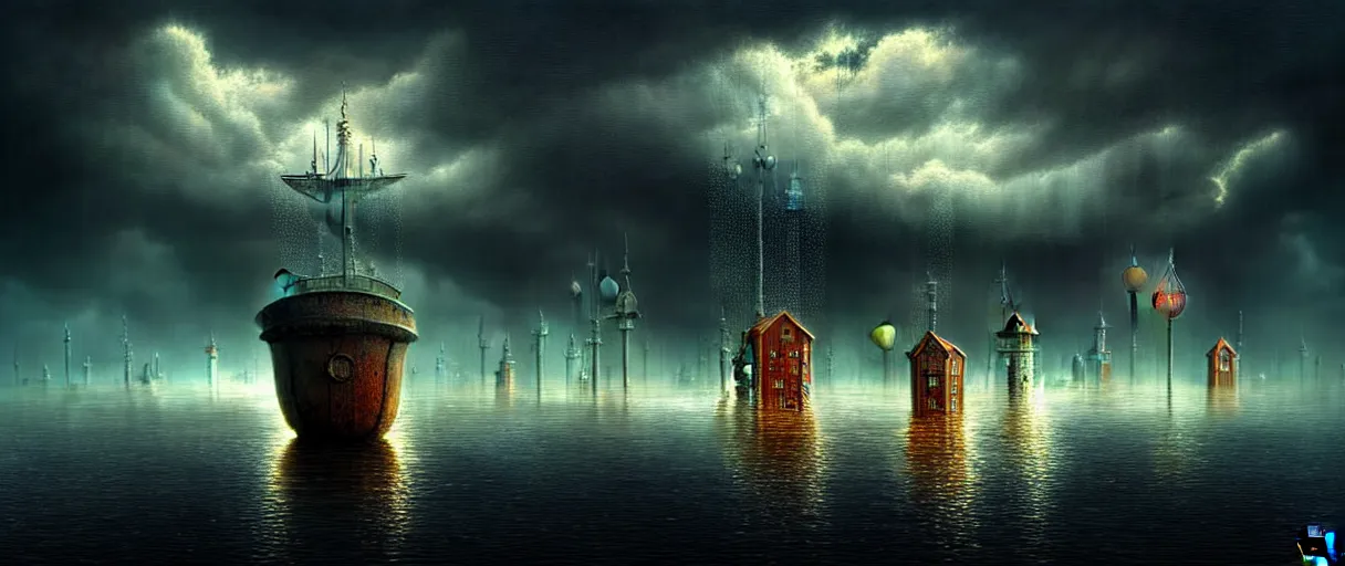 Image similar to cruising ship sailing at miniature megalopolis future, raining night at flooded miniature city, nice huge insane godrays, god helping mystic soul by, gediminas pranckevicius