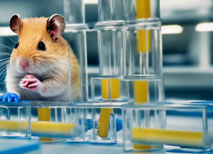 Image similar to film still of a hamster working in a research lab filling test tubes, 8 k