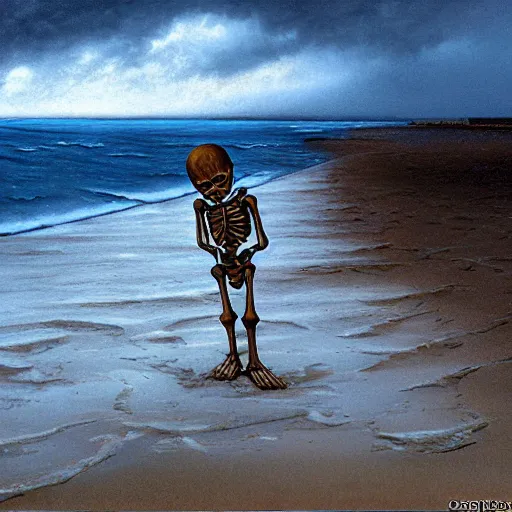 Prompt: skeleton child playing in the sand at the beach, stormy skies by Greg Hildebrandt