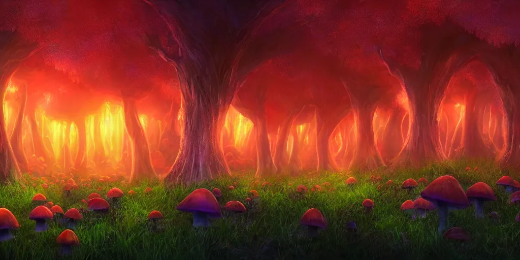 Prompt: cinematic artwork, beautiful fantasy bioluminescent mushroom forest at sunset, digital art, trending on artstation, 4k by greg rutowski, masterpiece