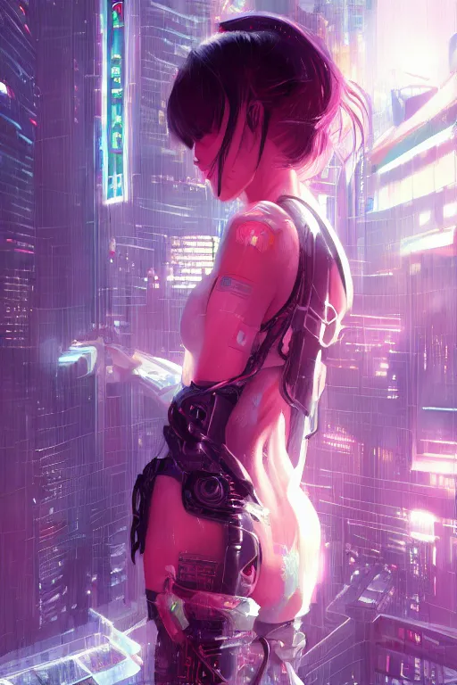 Image similar to portrait futuristic Ninja Girl, in future cyberpunk tokyo rooftop , ssci-fi, fantasy, intricate, very very beautiful, elegant, neon light, highly detailed, digital painting, artstation, concept art, smooth, sharp focus, illustration, art by WLOP and tian zi and alphonse mucha