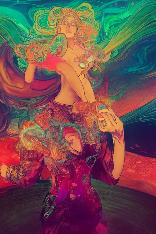 Image similar to a gorgeous woman surrounded by colorful liquid clouds and neon smoke, extremely detailed, super psychedelic experience, psilocybin, dmt, lsd, face, highly detailed, artstation, alphonse mucha, hana yata, and artem demura and beeple, octane render, unreal engine, 8 k